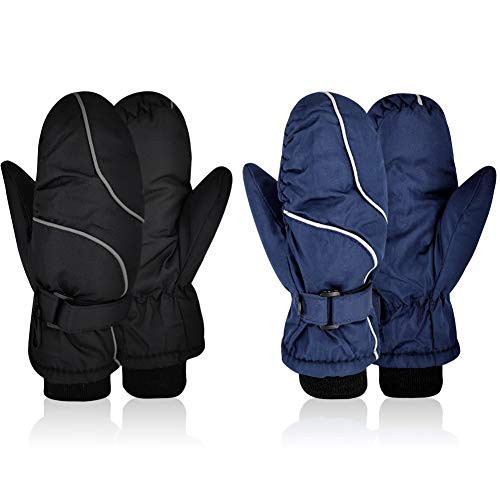 2 Pairs Kids Ski Mittens Waterproof Warm Winter Ski Snow Outdoor Gloves Mittens Thinsulate Thick Gloves Toddler Boys Girls Snowboard Ski Mitten Gloves for Cold Weather Snowboard  Black  and  Navy