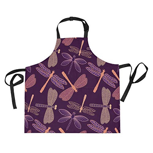 DOMIKING Womens Aprons Dragonfly Purple Apron Unisex Kitchen Bib Apron with Pockets Adjustable Neck for Cooking Baking Gardening