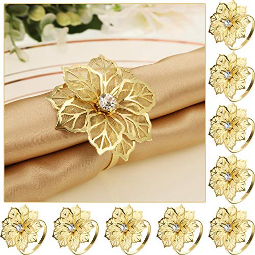 12 Pieces Alloy Napkin Rings with Hollow Out Flower Napkin Holder Floral Rhinestone Napkin Rings Adornment Exquisite Household Napkins Rings Set for Wedding Banquet Christmas Dinner Decor  Gold