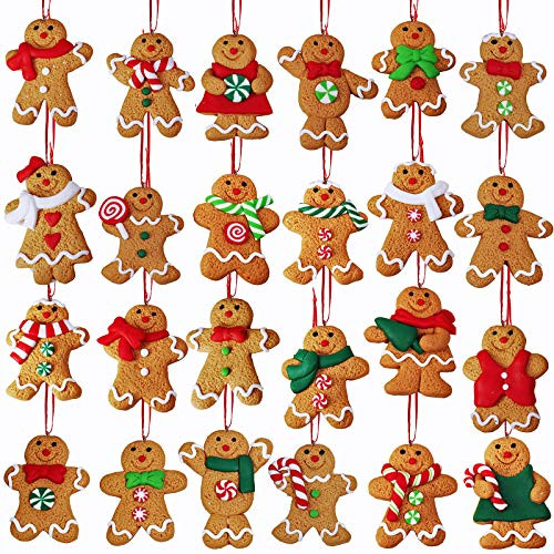 24 Set Christmas Tree Ornaments Hanging Advent Calendar Ornaments Clay Figurine Ornaments Gingerbread Family Dolls Gingerman Ginger Bread Man Ornaments for Kids Gift Holiday Christmas Tree Decoration