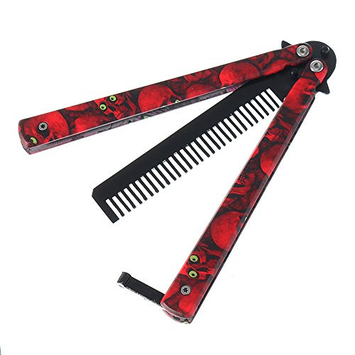 MAIYU Butterfly Knife Comb Trainer  Skull Pattern Metal Practice Blunt Balisong Stainless Steel Dull Pocket Knives Training with Sheath  Training Folding Comb Red