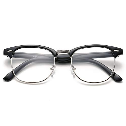 COASION Vintage Semi-Rimless Clear Glasses Fake Nerd Horn Rimmed Eyeglasses Frame  Bright Black Silver Rimmed