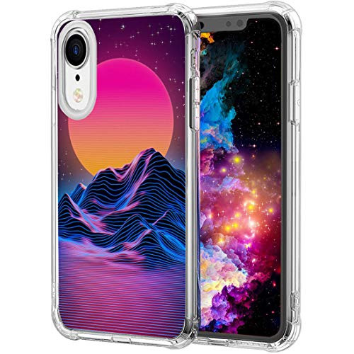 iPhone XR Case Synthwave Purple Landscape Retro Pattern Clear with Design Transparent Plastic iPhone XR Case TPU Bumper Protective Case Compatible with Apple iPhone XR
