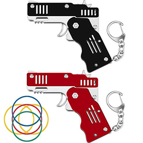 2 Packs Rubber Band Gun Toy Mini Metal Folding Rubber Gun Rubber Launcher Toy Gun with Keychain for Shooting Game Outdoor Activities  Black and Red