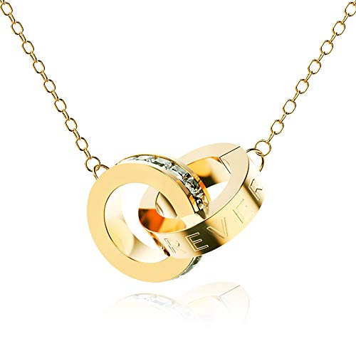 SOOYINN Interlocking Double Circles Necklace with LOVE FOREVER and Cubic Zirconia Gold Pendant Necklaces for Women and Girls Jewelry Gifts SOOYINN Interlocking Double Circles Necklace with LOVE FOREVER and Cubic Zirconia Gold Pendant Necklaces for Women and Girls Jewelry Gifts