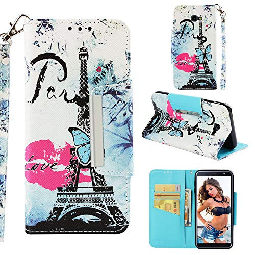 StarCity Samsung Galaxy J4 Plus Case, PU Leather Wallet Case Folio Flip Case Stand Cover with Card Slots [Wrist Strap] for Samsung Galaxy J4 Plus (2018) (Paris Love)