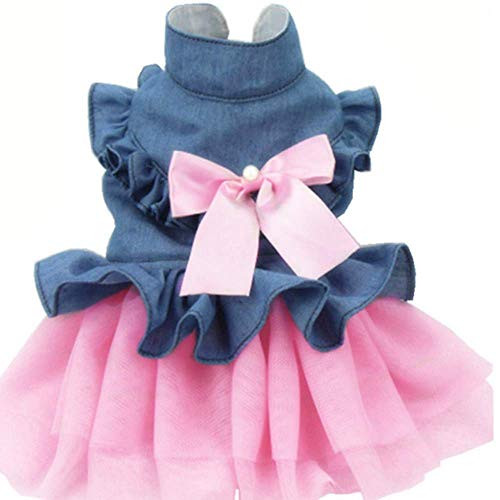 ANIAC Pet Denim Dress with Cute Bow-Knot Comfy Vest Skirt Lace Trim Tutu Summer Spring Clothes for Cats and Small Dogs  Large