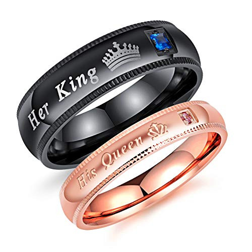 2pcs Matching Set Couple Rings Stainless Steel Promise Rings with His Queen and Her King Wedding Engagement Band 2pcs Matching Set Couple Rings Stainless Steel Promise Rings with His Queen and Her King Wedding Engagement Band