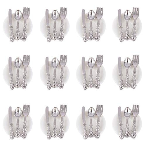 Haomian 16 Sets 48 Pcs Dollhouse Miniature Tableware 1 12 Scale Miniature Plates Knife Fork Spoon Dollhouse Plate Set for Dollhouse Dining Table Dollhouse Kitchen Accessories