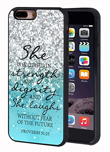 iPhone 7 Plus Case,iPhone 8 Plus Case,Blue Glitter Quotes Bible Verse Proverbs 31:25 Design Slim Impact Resistant Shock-Absorption Rubber Protective Case Cover for iPhone 7 Plus/iPhone 8 Plus 5.5 inch