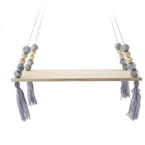 FANKUTOYS Nordic Shelf Wall Hanging Board Rope Hanging Floating Shelves Wooden Floating Shelves Storage with Tassel Beads Wall Hanging Shelves Storage for Home Grey