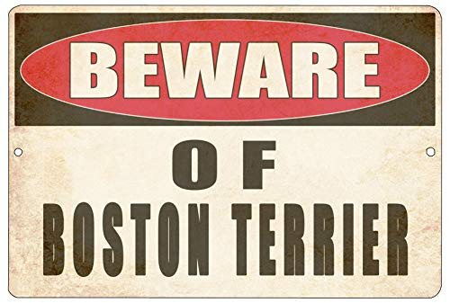 Rogue River Tactical Beware of Boston Terrier Dog Metal Tin Sign Yard Outdoor Warning Fence Sign Large 12x8