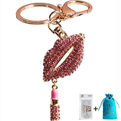 Bolbove Hot Lips with Lipstick Keychain Crystal Sparkling Keyring Rhinestones Purse Pendant Handbag Charm (Pink)