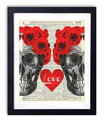 Skull Love With Red Roses Vintage Upcycled Dictionary Art Print - 8x10 inches