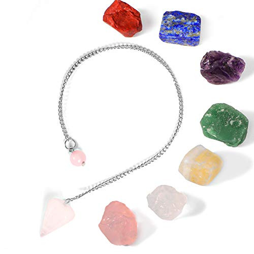 ORNOOU 7 Chakra Stone Set  Rose Quartz Pendulum and Natural Rough Stone with Velvet Pouch  Healing Crystal Collection for Meditation  Chakra Balance  Ritual