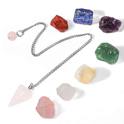 YASUOA 7 Raw Chakra Stones Chakra Rough Stone and Natural Rose Quartz Pendulum Balance Meditation Healing Crystals Set