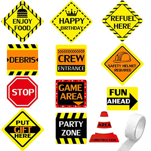 Elcoho 12 Pieces Construction Themed Party Decorations Traffic Signs Cutouts Construction Birthday Party Supplies with 100 Glue Point Dots