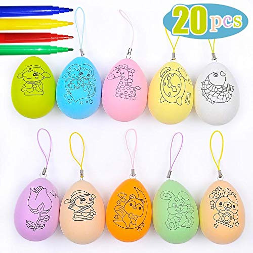 Bedoo 20Pcs Colored Plastic Easter Eggs Hunt Decorations, Easter Basket Stuffers, Hanging Plastic Eggs with Rope, Artificial Egg DIY Decor Egg 3" Tall with 8 pens (Random Color)
