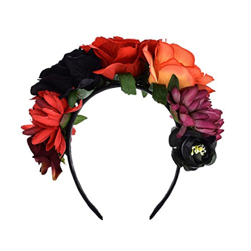 June Bloomy Day of the Dead Headpiece Frida Costume Mexican Floral Crown Rose Headband  Black Red Orange