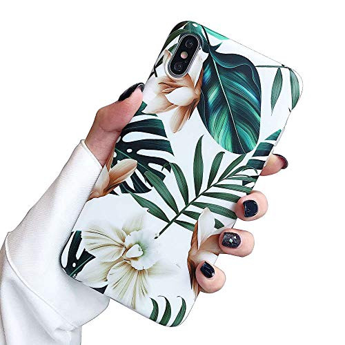 iPhone Xs Max Case for Girls, ooooops Green Leaves with White & Brown Flowers Pattern Design, Slim Fit Clear Bumper Soft TPU Full-Body Protective Cover Case for iPhone Xs Max 6.5'' (Leaves & Flowers)