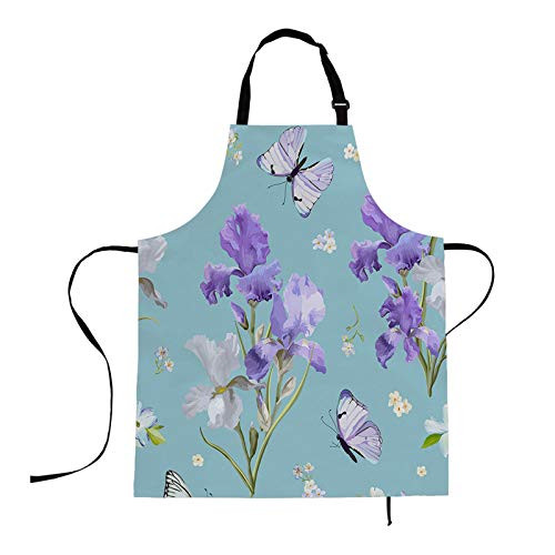 HOSNYE Aprons Floral Apron Purple Blooming Iris Flowers and Flying Butterflies Kitchen Bib with Adjustable Neck for Cooking Gardening  Adult Size