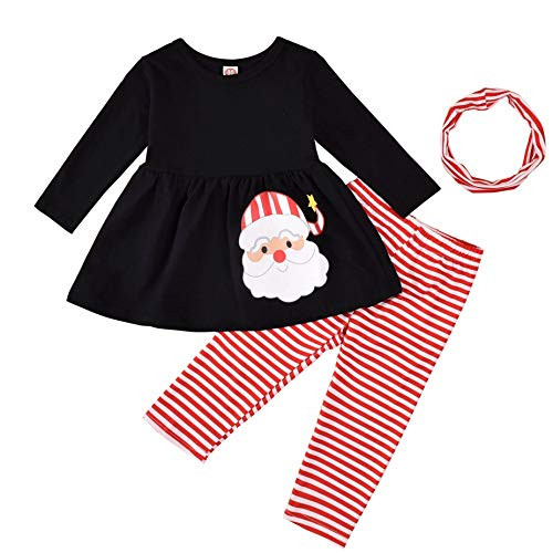Toddler Baby Girl Christmas Clothes Santa Claus Dress Tops?Stripe Pants ?Scarf 3pc Fall Winter Outfit Set  Black  6-12 Months