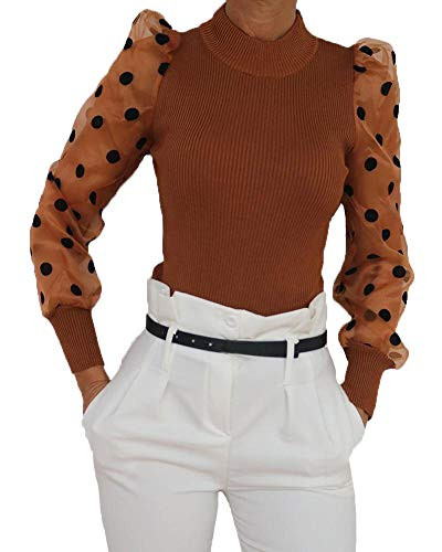 Women Sheer Mesh Puff Sleeve Long Blouse Polka Dots Mock Neck Slim Fit T Shirt Tops Party  L-Brown  M