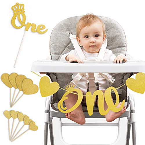 High Chair ONE Banner,1st Birthday Baby Party Decoration Glitter One Banner with Gold Cake Topper High Chair ONE Banner,1st Birthday Baby Party Decoration Glitter One Banner with Gold Cake Topper