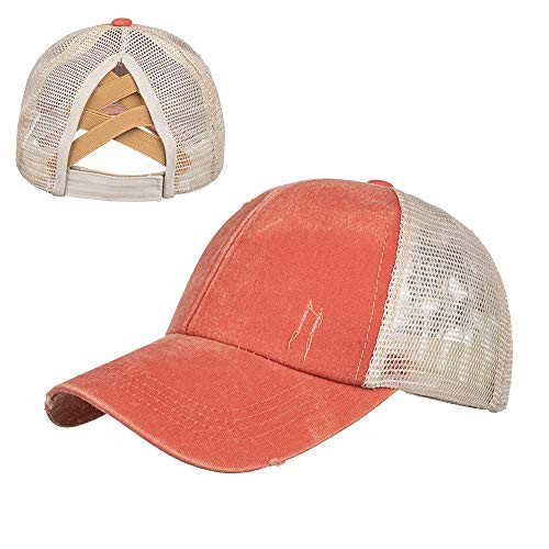 Criss Cross Ponytail Hat Washed Distressed Ponytail Baseball Cap for Women Orange Cotton High Messy Buns Hats Adjustable Ponycaps Criss Cross Ponytail Hat Washed Distressed Ponytail Baseball Cap for Women Orange Cotton High Messy Buns Hats Adjustable Ponycaps