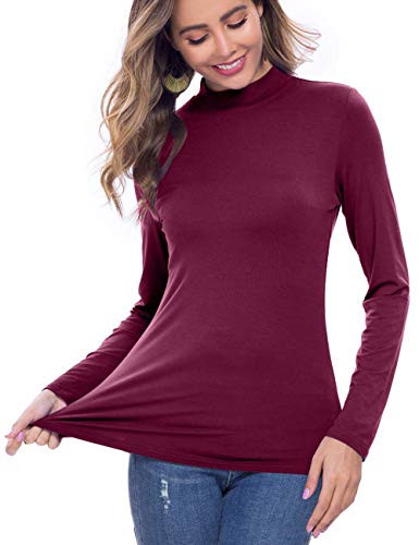 VOBCTY Women's Long Sleeve Slim Fit Mock Turtleneck Soft Lightweight Pullover Tee Tops Purple Red XL