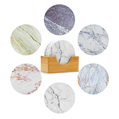 ComSaf Coasters for Drinks  Absorbent Coaster with Holder Set of 6  Marble Style Ceramic Coaster with Cork Base for Wooden Table  Tabletop Protection Coaster Gift for Housewarming Bar Decor  4 Inch