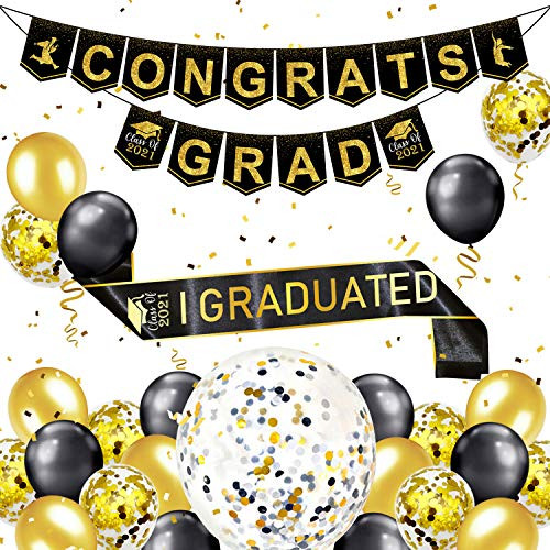 MOVINPE 2021 Graduation Decorations Party Supplies Black Gold Congrats Grad Banner I Graduated Sash 36'' Jumbo Confetti Balloon Black Gold Latex Balloons for Class of 2021 MOVINPE 2021 Graduation Decorations Party Supplies Black Gold Congrats Grad Banner I Graduated Sash 36'' Jumbo Confetti Balloon Black Gold Latex Balloons for Class of 2021
