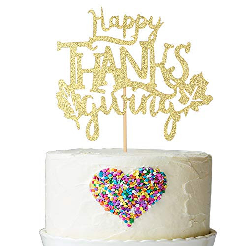 Gold Glitter Happy Thanksgiving Cake Topper - Give Thanks Cake Topper - Thanksgiving Cake Decorations,Thankful Sign