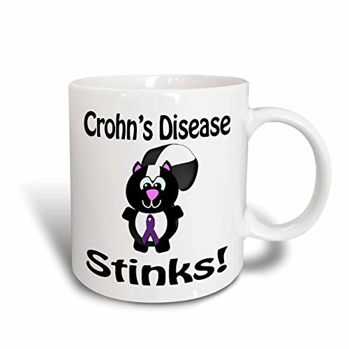 3dRose Crohns Disease Purple Stinks Skunk Awareness Ribbon Cause Design Ceramic Mug  15 oz  White