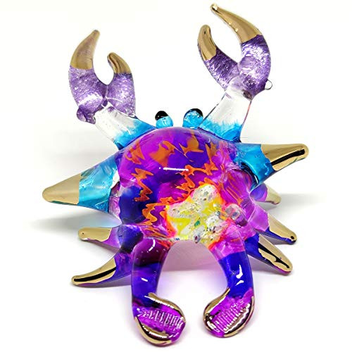 Sansukjai Crab Cancer Miniature Figurines Animals Hand Painted Blown Glass Art 22k Gold Trim Beach Collectible Gift Decorate  Blue Purple