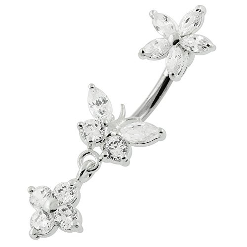 AtoZ Piercing Clear CZ Stone Butterfly with Flower Dangling 925 Sterling Silver Double Side Belly Button Ring Jewelry