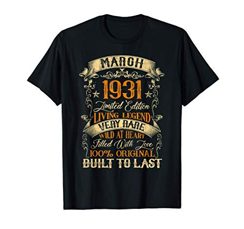 Born In March 1931 Vintage 90 Years Old 90th Birthday Gift T-Shirt