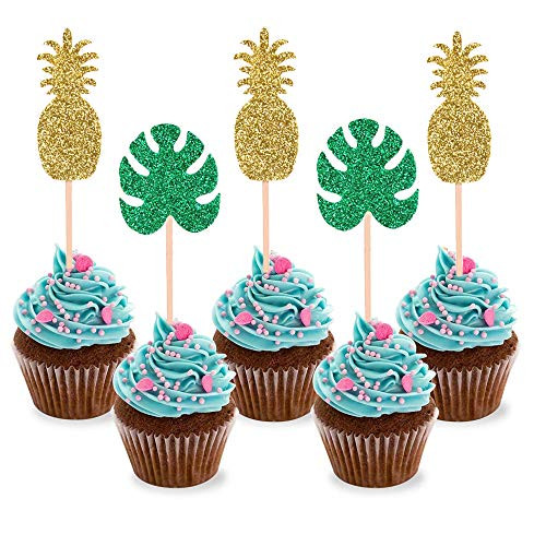 SAKOLLA Palm Leaves and Pineapple Cupcake Toppers - Golden Glitter Cake Picks for Hawaii Luau Tropical Theme Summer Party Decoration Supplies  24 Pack