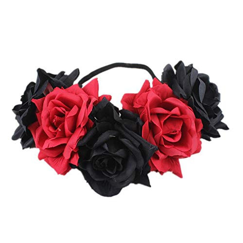 YAZILIND Big Rose Flower Wreath Elastic Headband Bride Garland Prom Party Headdress Accessories RedPlusBlack