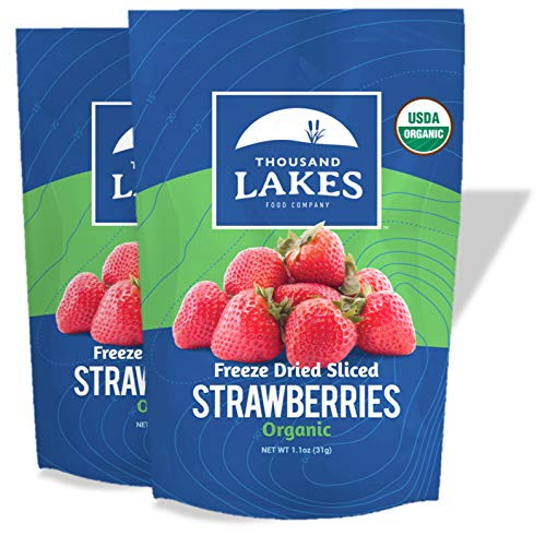 Thousand Lakes Freeze Dried Fruits and Vegetables - ORGANIC Strawberries 2-pack 1.1 ounces  2.2 ounces total   No Sugar Added  100% Sliced Organic Strawberries