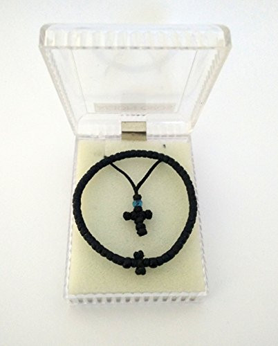 Iconsgr Handmade Christian Orthodox Chotki Komboskoini Prayer Rope with Cross Pendant Necklace Black