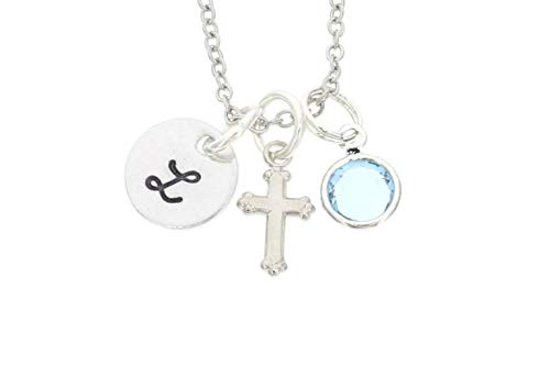 Dainty Personalized Cross Necklace - Choose Initial  Pearl or Birthstone - Christening First Communion Baptism - Handstamped 3 8 Inch Disc - DII AAA