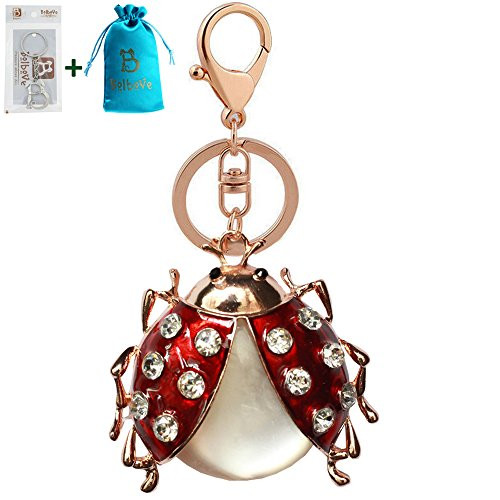 Bolbove Cute Opal Ladybug Keychain Sparkling Keyring Rhinestones Purse Pendant Handbag Charm (Dark Red)