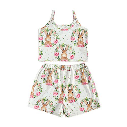 GOOCHEER Easter Toddler Girl Outfits Bunny Straps Sleeveless Top Shorts 2pcs Toddler Girl Easter Clothes 1-5T  White B  3-4T