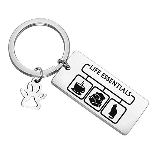 FUSTMW Cat Lover Keychain Life Essentials Coffee Book Cat Mom Lover Gifts Paw Paint Charm Cat Owner Gifts  Life Essentials