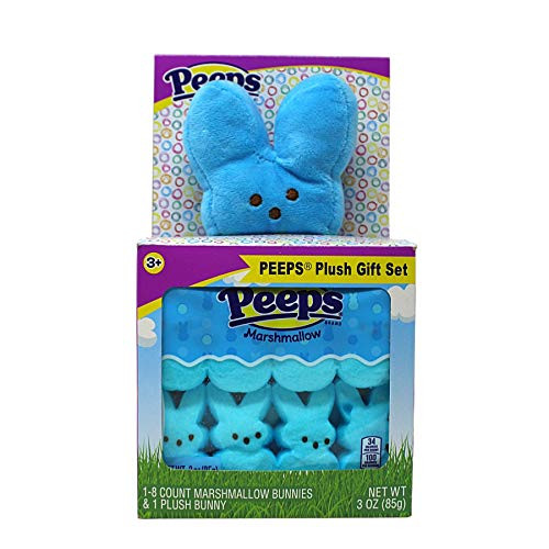 Peeps Blue Plush Bunny with Peeps Marshmallow Candy Bunnies Gift Set