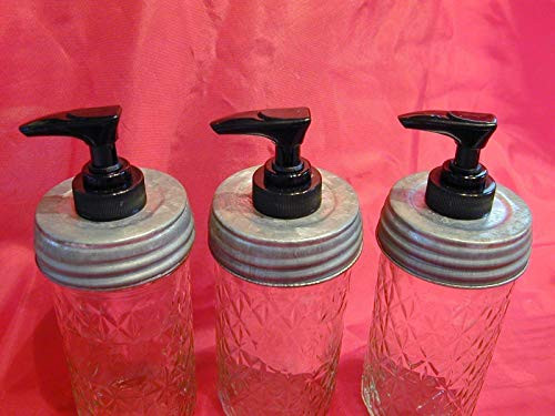 3  Lined Regular Standard Size Galvanized Lid with Black Pump  Triple Pack  - Mason Jar Lotion Soap dispenser Converter - Lid  and  Pump