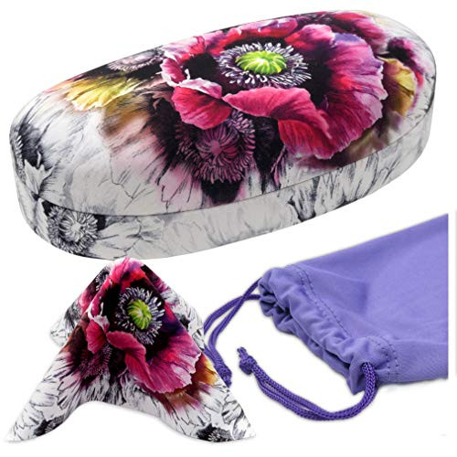 Floral Sunglasses Case  Hard Glasses Case  Eyeglass Case for Medium to Large Frames with Drawstring Pouch and Cleaning cloth By Rachel Rowberry  AS113 Purple Poppy