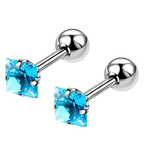 4mm Tiny Aqua Blue Aquamarine Gemstone Stud Earrings in Stainless Steel - March Birthstone Screw Back Princess Cut Square 4mm Tiny Aqua Blue Aquamarine Gemstone Stud Earrings in Stainless Steel - March Birthstone Screw Back Princess Cut Square