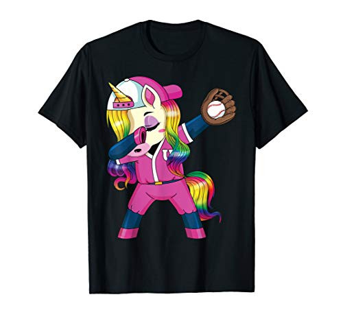 Dabbing Unicorn Softball Rainbow Baseball Girls Teens Women T-Shirt